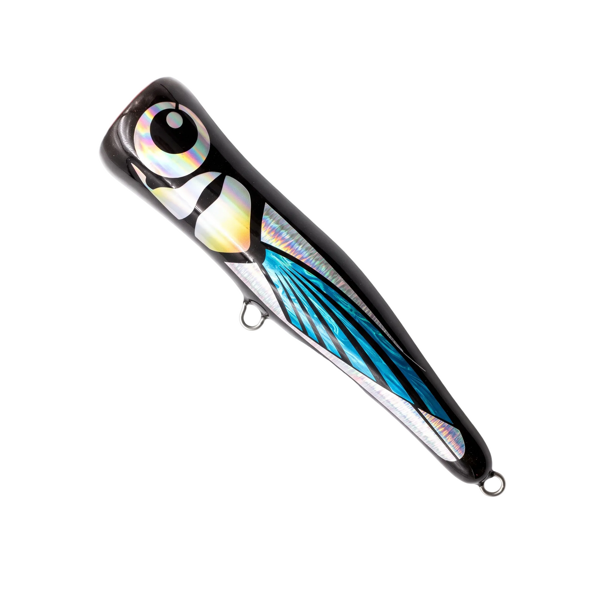 A hard fishing lure with a glossy black body, featuring a large detailed eye with iridescent rainbow reflections, a blue and black striped lateral band, and a small metal hook at the tail, photographed on a clean white background.