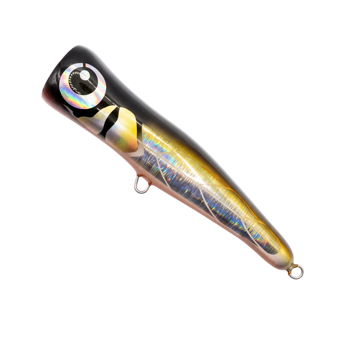A hard bait fishing lure with a black top, metallic gold and silver sides, and an iridescent rainbow sheen, featuring a detailed eye and a metal hook at the bottom.