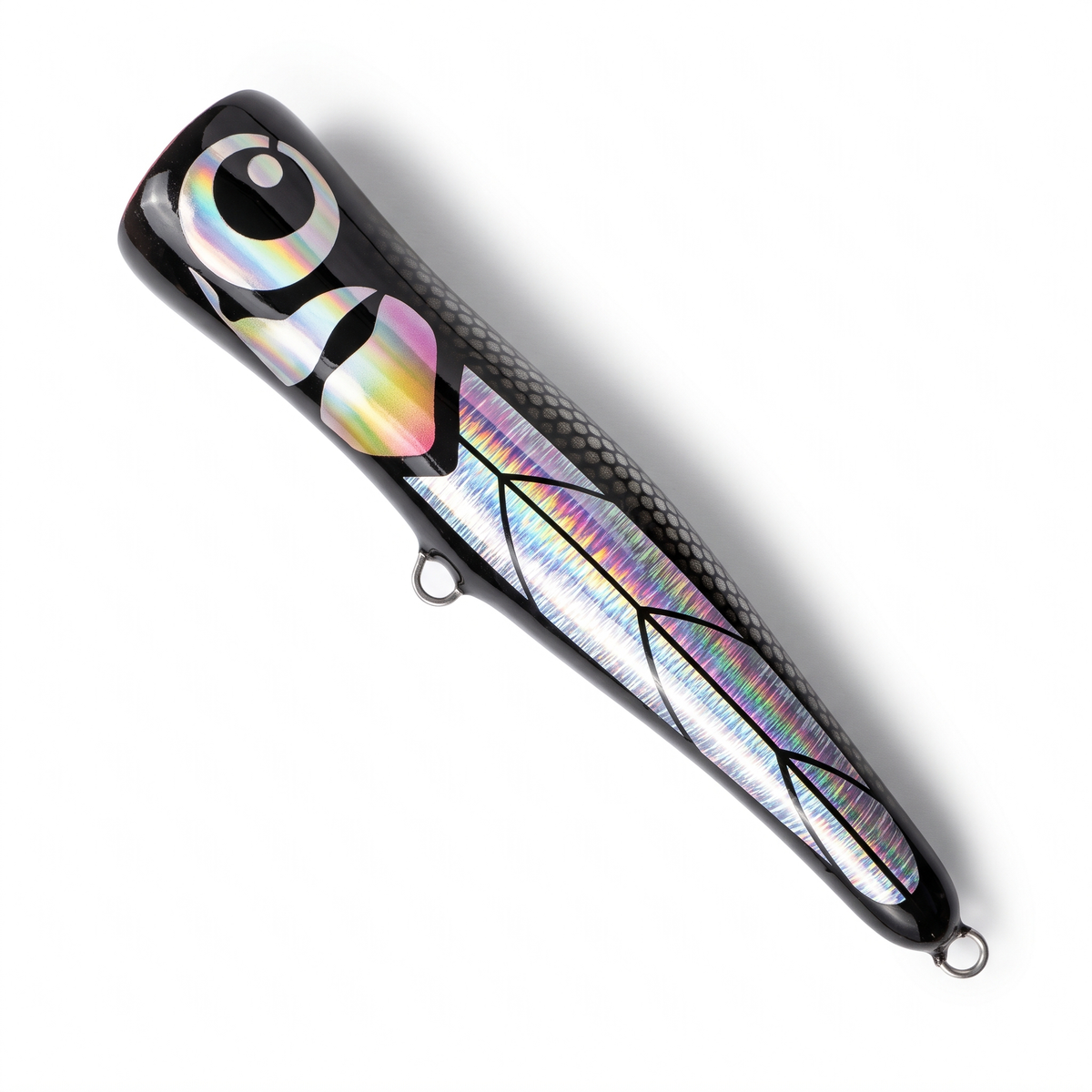 A black fishing lure with a glossy, iridescent holographic pattern along the side, featuring a detailed eye graphic and metal hooks at the ends, shown on a white background.