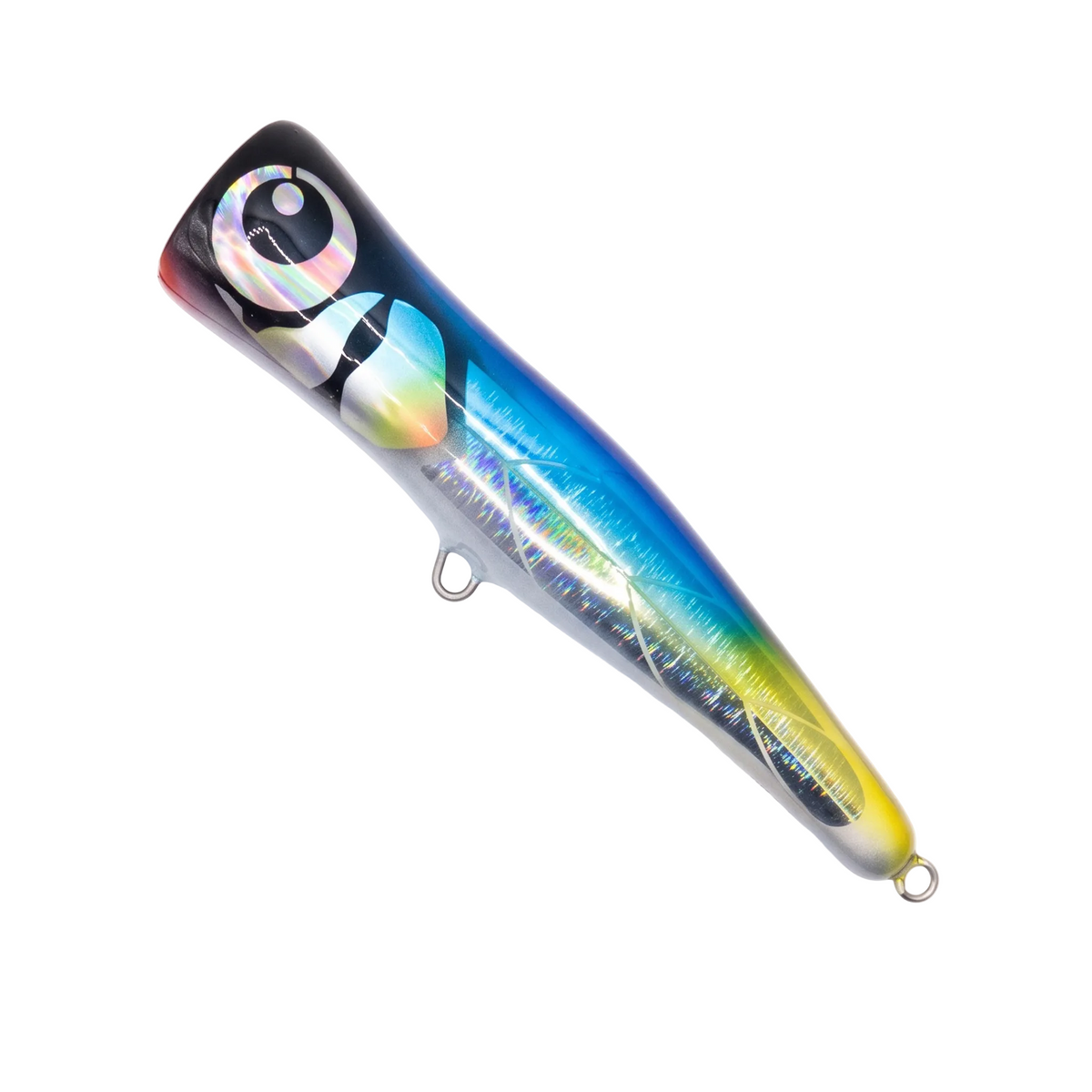 A hard bait fishing lure with an iridescent rainbow finish, featuring a black top, blue and green sides, and a yellow belly, complete with a detailed eye and two metal hooks.