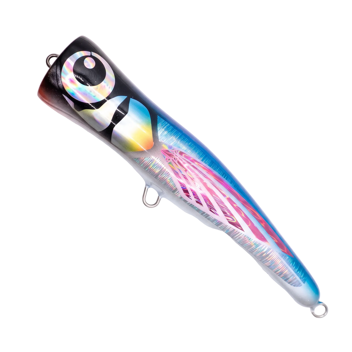 A single fishing lure photographed on a clean white background. The lure is glossy and metallic with a black top, iridescent rainbow sheen, blue lower body, pink wing-like stripes, and silver hooks.