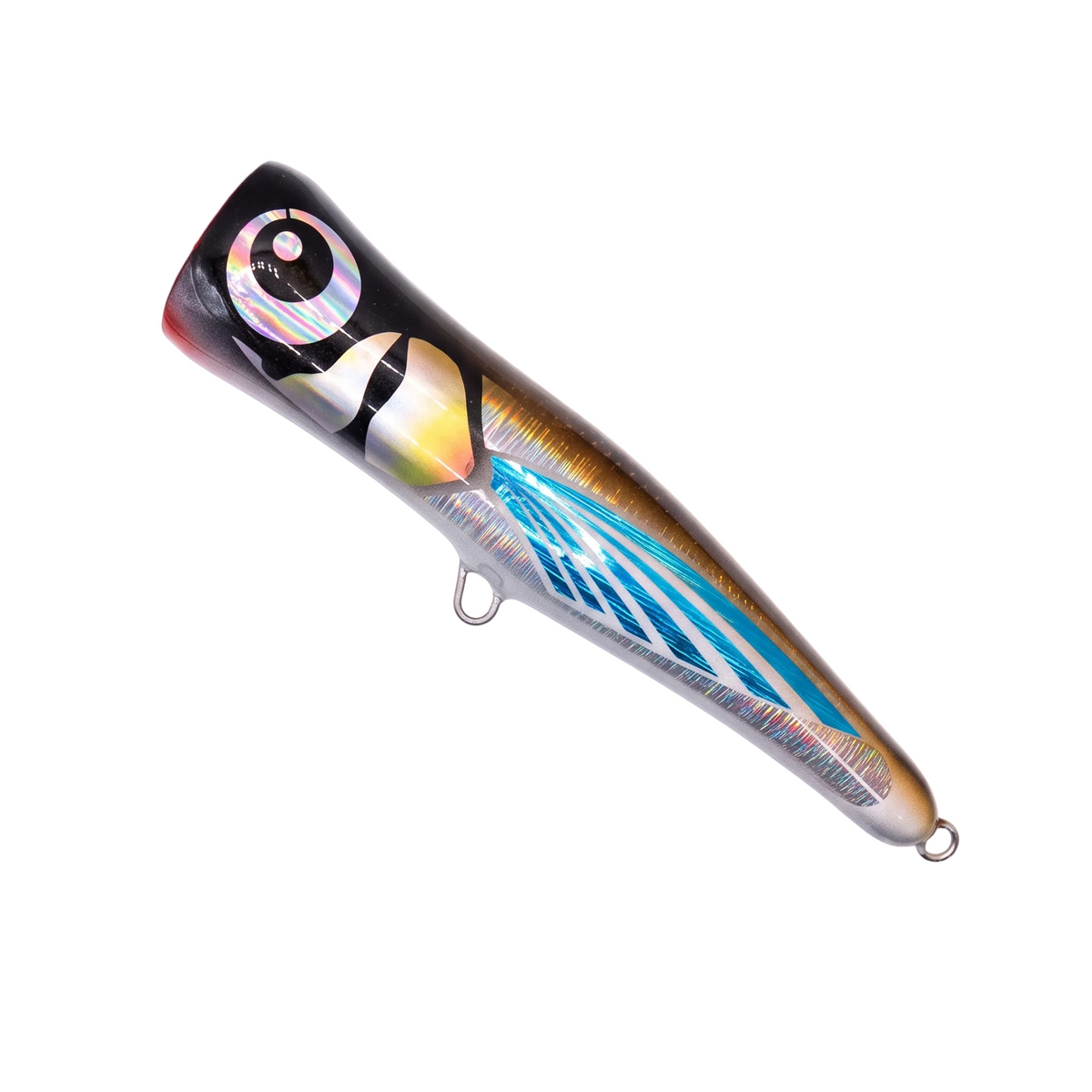 A hard bait fishing lure with a black top, iridescent gold and silver body, and blue and silver striping, shown on a plain white background.