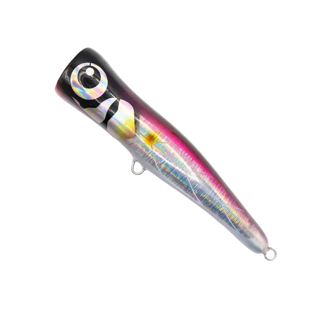 A hard plastic fishing lure with a black top, realistic eye details, and an iridescent silver body with pink and yellow shimmer, shown on a plain white background.