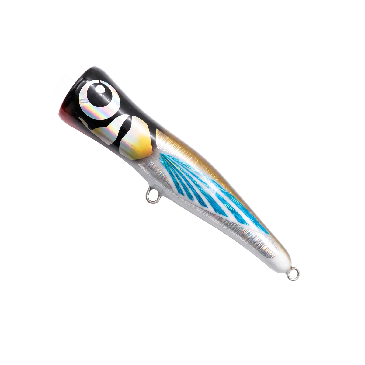 A hand-painted fishing crankbait lure with a realistic eye design, featuring a black top, gold side, blue and silver wing pattern, and a red tail, shown on a plain white background.