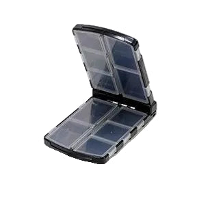 A small black plastic tackle box with a hinged lid, shown open to reveal multiple compartment slots. The product is photographed on a white background with a repeating gray MEiho Tackle Box watermark pattern.