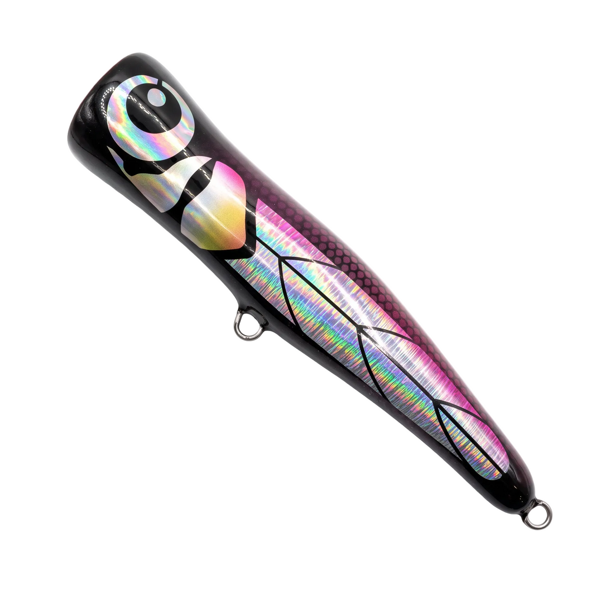 A black fishing lure with a vibrant holographic rainbow pattern on its sides, featuring a realistic eye detail and two metal hooks, shown on a clean white background.