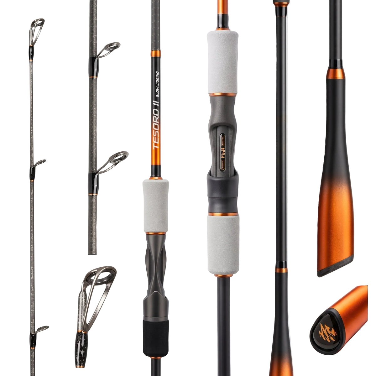 A fishing rod shown in multiple close-up views on a clean white background, including the full assembled rod, section details, handle grip, and tip close-up inset. The rod is primarily black and gray with bright orange accents and a small white logo reading TESPORO.