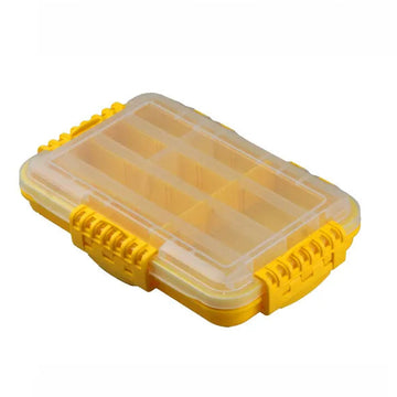 A small yellow plastic organizer box with a translucent lid and multiple compartments, shown on a white background with the text 'SMALL YELLOW' at the top and size measurements at the bottom.