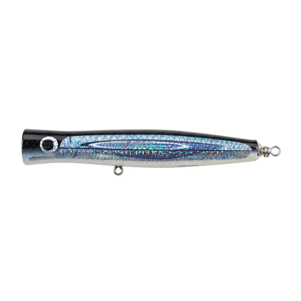 A hard bait fishing lure with a metallic silver body, a black head, and a holographic blue glitter strip along the center. The lure features a realistic eye on the side and a metal split ring at the tail, shown against a plain white background.