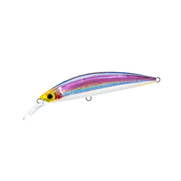 A hard fishing lure shown on a white background with a small inset demonstrating its color under black light. The lure is transparent with iridescent blue, purple, and pink glitter, a yellow eye, and a clear diving lip.