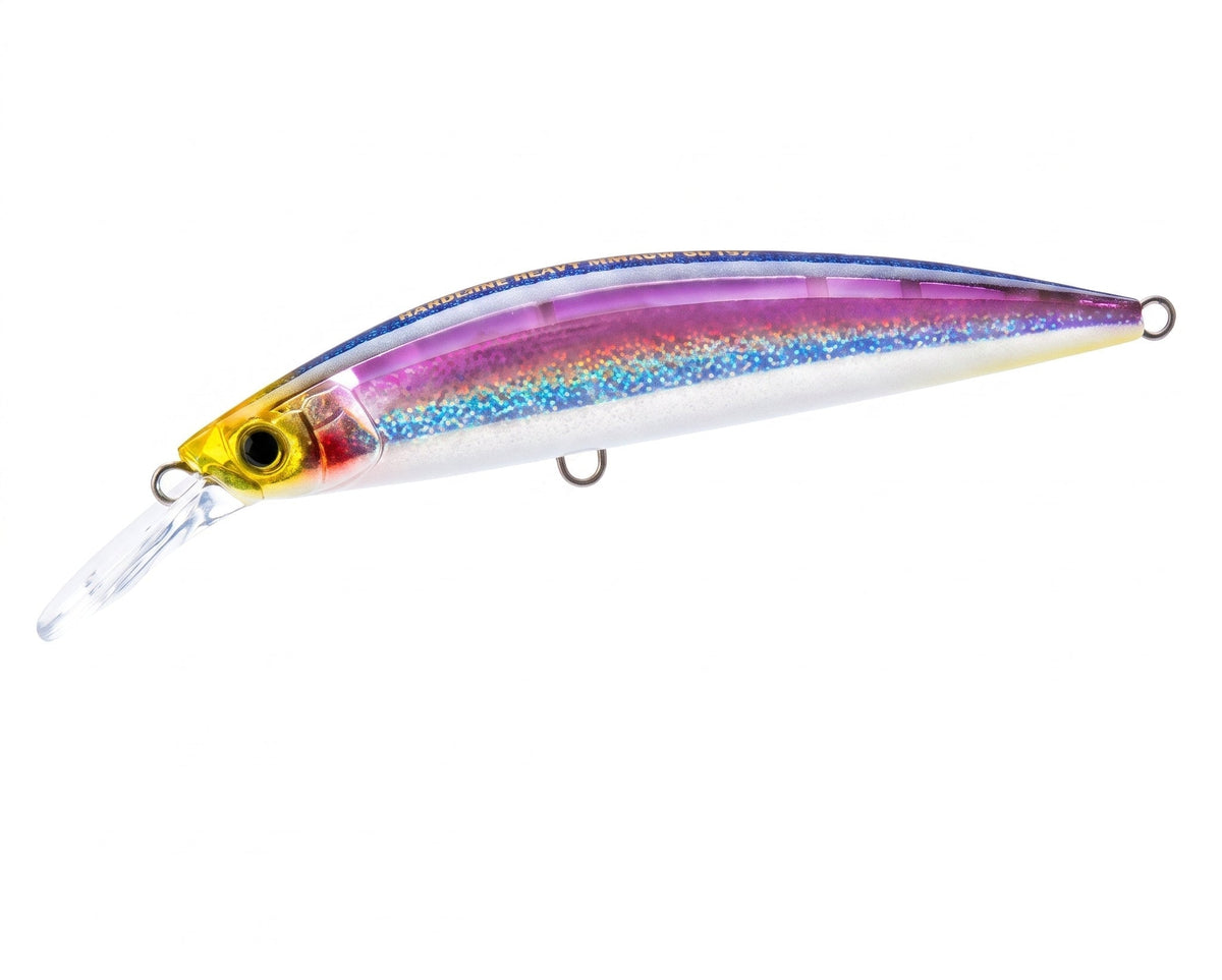 A hard bait fishing lure with a transparent body, featuring a gradient of purple, blue, and yellow glitter on its back and sides, with a yellow eye and clear diving lip, shown against a plain white background.