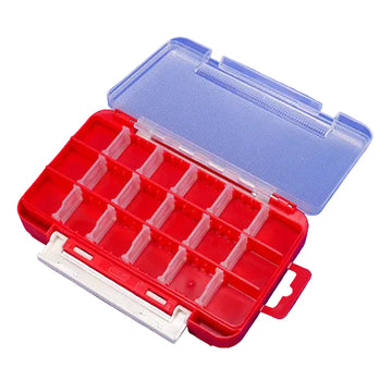 A small red plastic multi-compartment organizer case with a clear lid and white latch, shown open on a blue background with a coin for scale.
