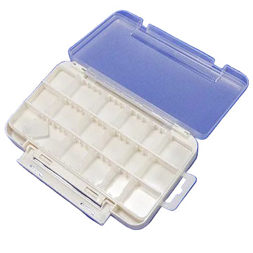 A small white plastic organizer case with a clear lid, shown open on a blue background with a coin for scale.