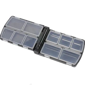A small black plastic organizer box with multiple translucent gray compartments, shown open on a white background with a coin for scale.