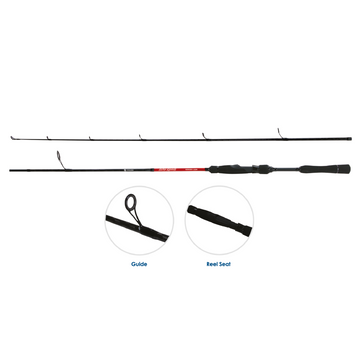 Fishing rod with close-up details on guides and reel seat against a white background