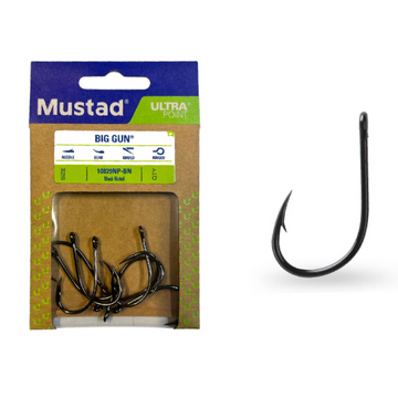 Mustad Big Gun Ultra Line fishing hooks shown in their retail blister packaging on the left, with a single large black hook displayed to the right on a plain white background.