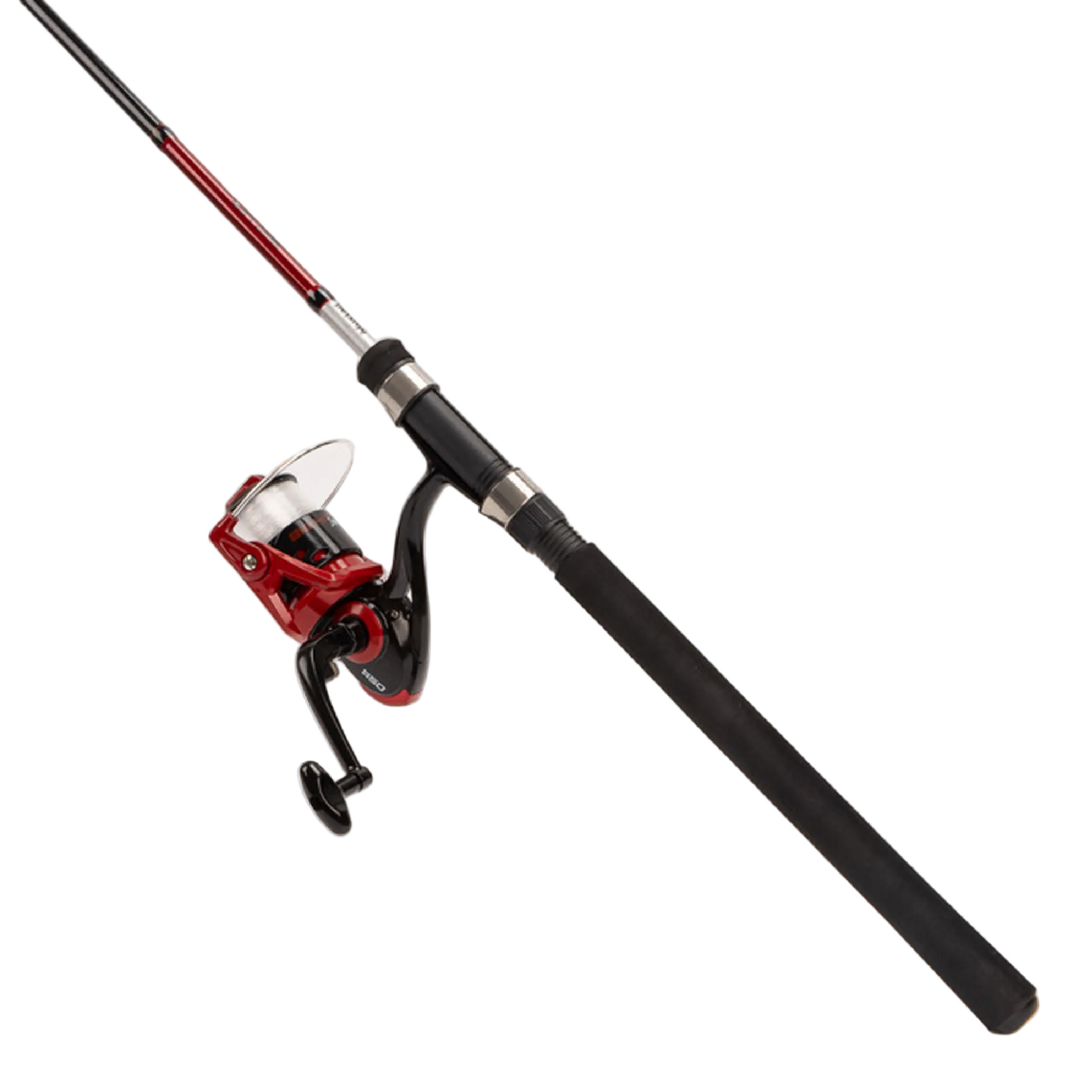 A spinning fishing rod with a red and black spincast reel, shown diagonally against a clean white background.