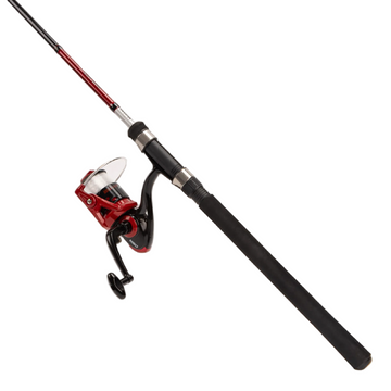A spinning fishing rod with a red and black spincast reel, shown diagonally against a clean white background.
