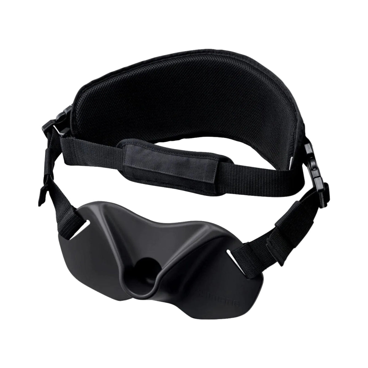 Black eye mask with adjustable straps on a white background