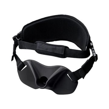 Black eye mask with adjustable straps on a white background